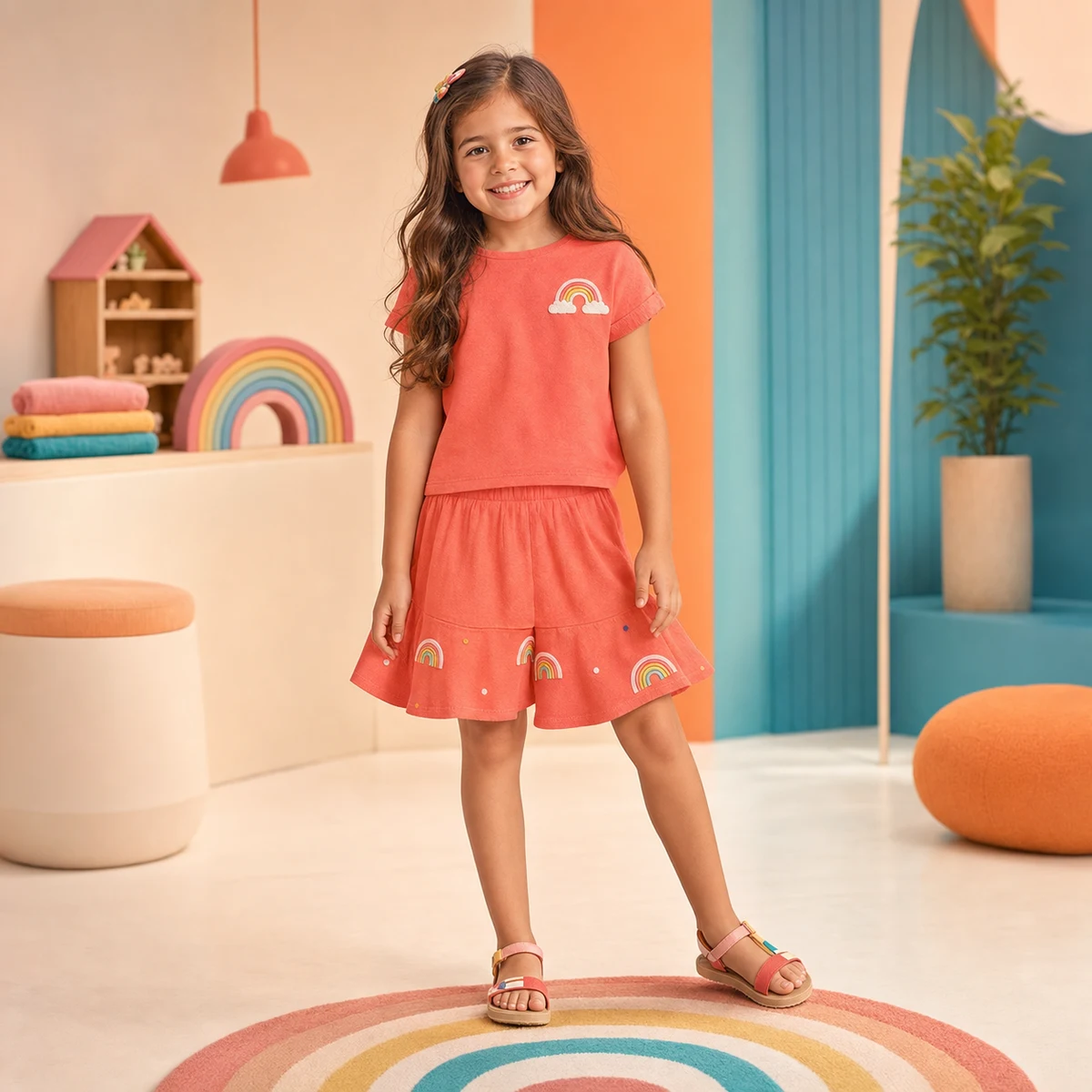 Conjunto Menina Blusa e Saia em Algodão